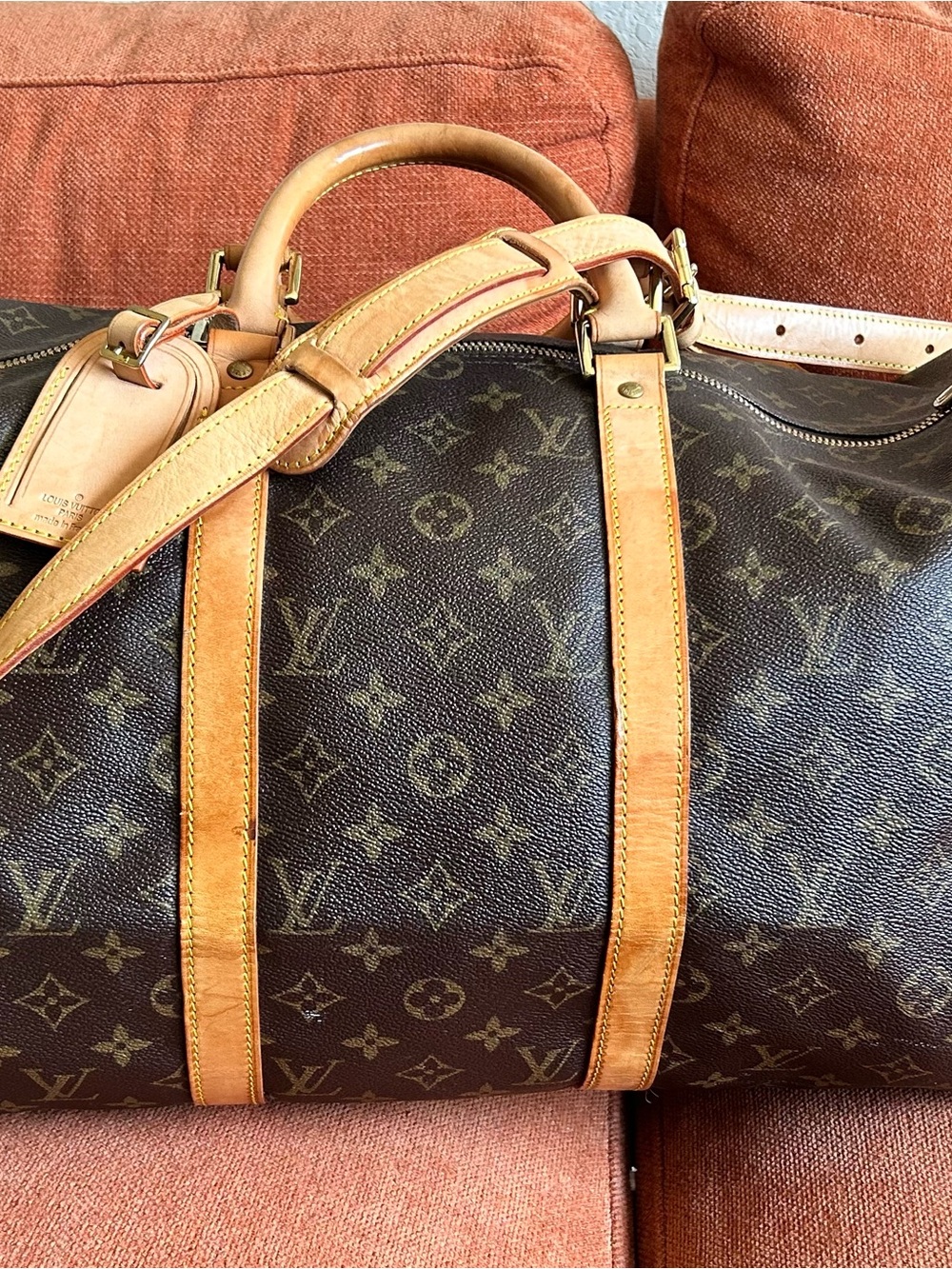 Louis Vuitton Keepall 50 Monogram Canvas with Vachetta Trim in Brown and Tan